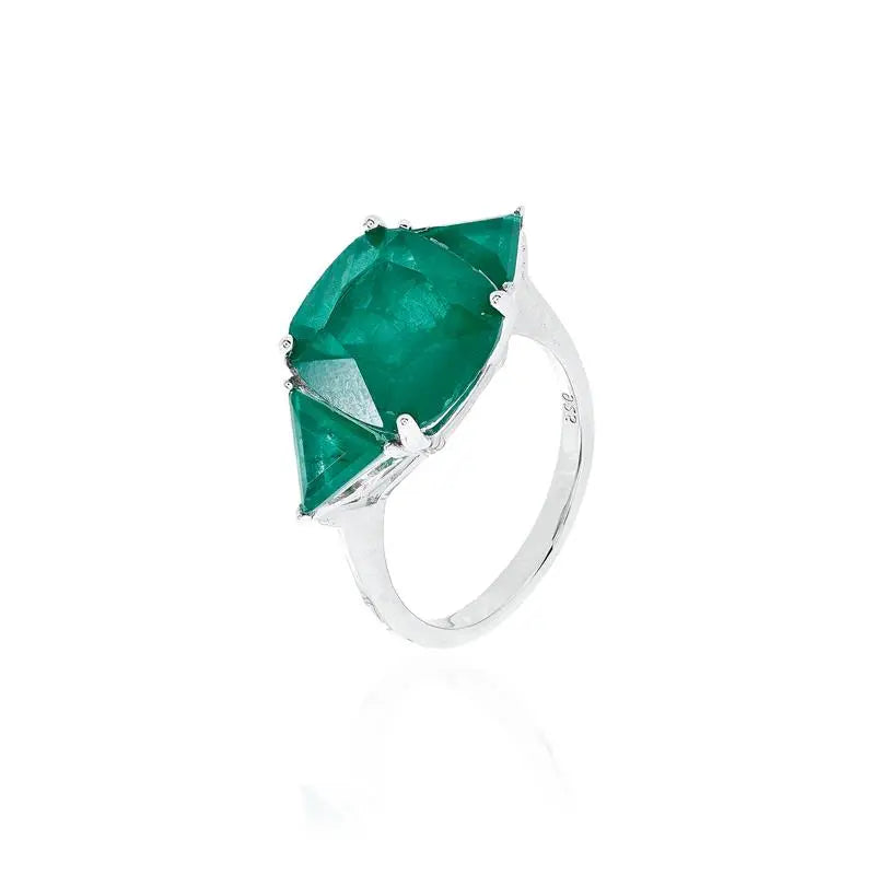 10 MM SQUARE RING WITH A TRIANGLE ON EACH SIDE RHODIUM/FUSION EMERALD/WHITE ZIRCONIA