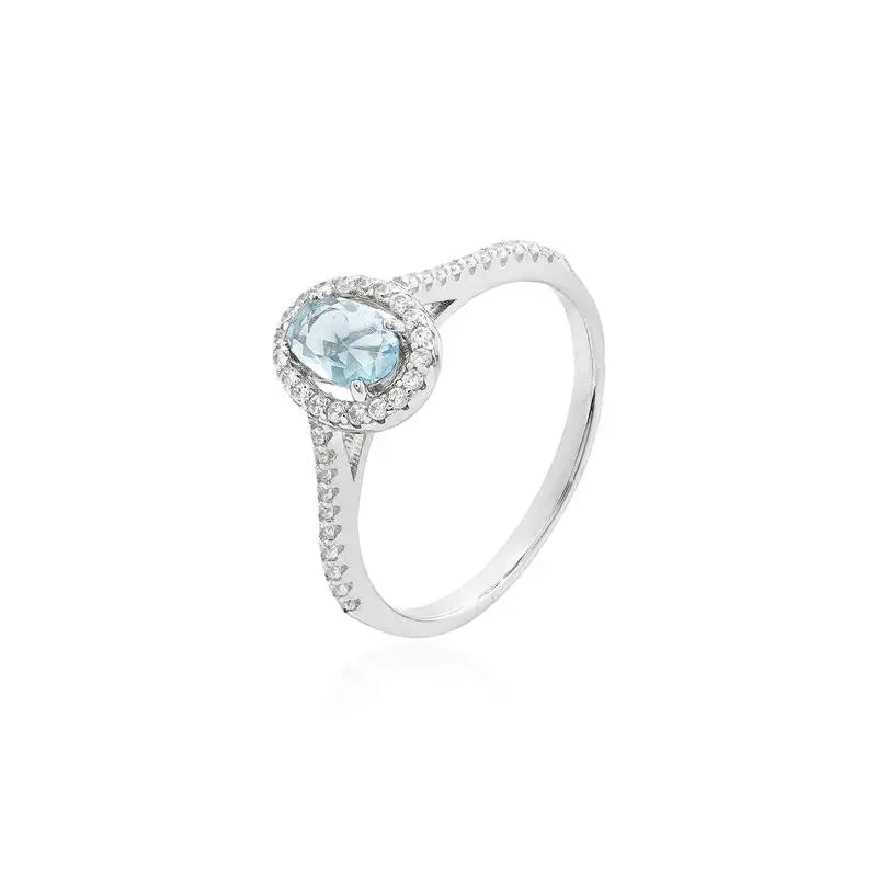 Anello con Mezza Incisione e Pietra Ovale 4 mm in Rodio - Acquamarina e Zirconia Bianca