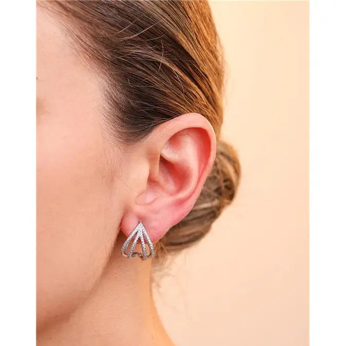 LARGE STUDDED DOUBLE V EARRING RHODIUM/NO STONE/WHITE ZIRCONIA