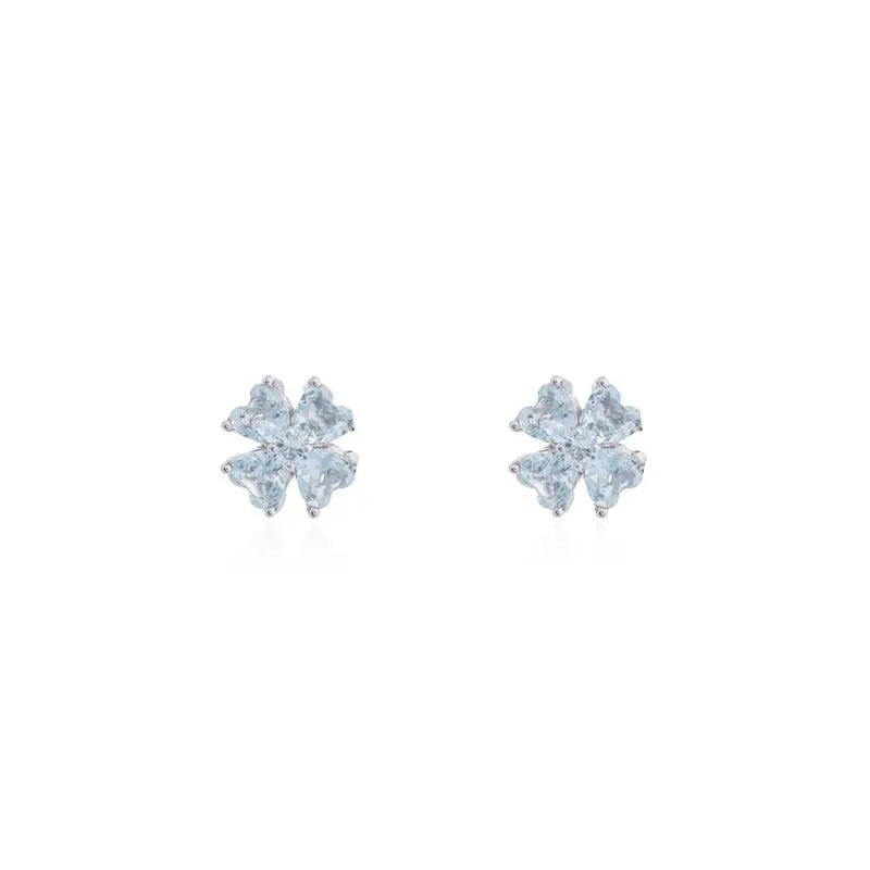 FLOWER EARRING FOUR PETALS HEART SHAPED 3 MM CORE POINTS OF LIGHT RHODIUM/AQUAMARINE/WHITE ZIRCONIA