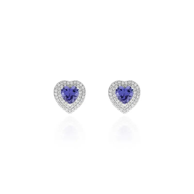 HEART EARRING 6 MM TWO ROWS STUDDED AROUND RHODIUM/TANZANITE/WHITE ZIRCONIA