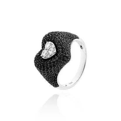 Anello a Forma di Cuore con Cuore in Rilievo Cravejato in Rodio - Bianco e Nero