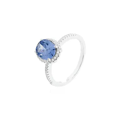 Anello Mezza Cravação con Pietra Ovale 7 mm in Rodio - Tanzanite e Zirconia Bianca