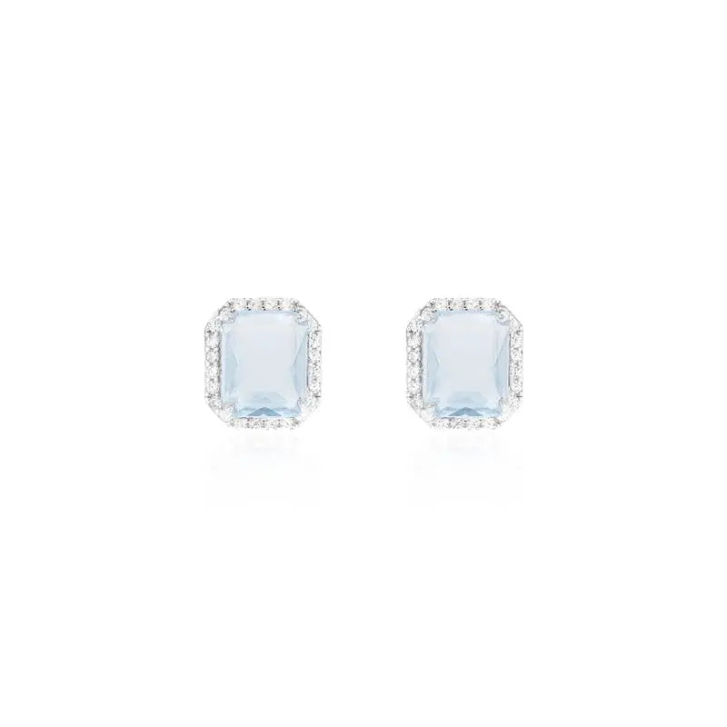 8 MM RECTANGULAR EARRING WITH ROUND SETTING IN RHODIUM/AQUAMARINE/WHITE ZIRCONIA