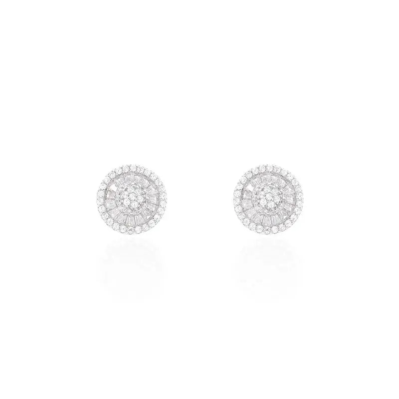 PIZZA BAGUETTE EARRING WITH CENTRAL STUDDING AND AROUND STUDDING 10 MM RHODIUM/WITHOUT STONE/WHITE ZIRCONIA