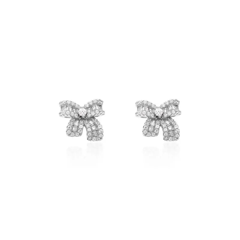 BAGUETTE BOW EARRING WITH POINT OF LIGHT IN THE MIDDLE, ROUND SETTING IN RHODIUM/WITHOUT STONE/WHITE ZIRCONIA