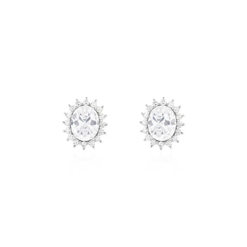08 MM OVAL EARRING WITH PRINCESS SETTING AROUND RHODIUM/CRYSTAL/WHITE ZIRCONIA