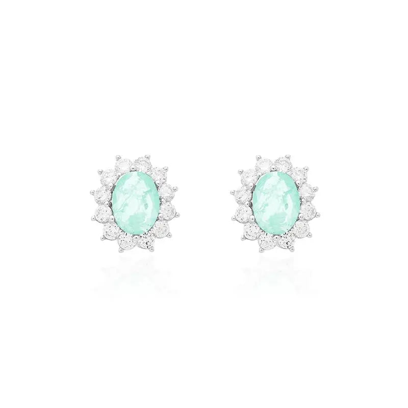 6MM OVAL STONE EARRING SIX CLAWS PRINCESS SETTING AROUND 2.5 MM RHODIUM/COLUMBIAN/WHITE ZIRCONIA