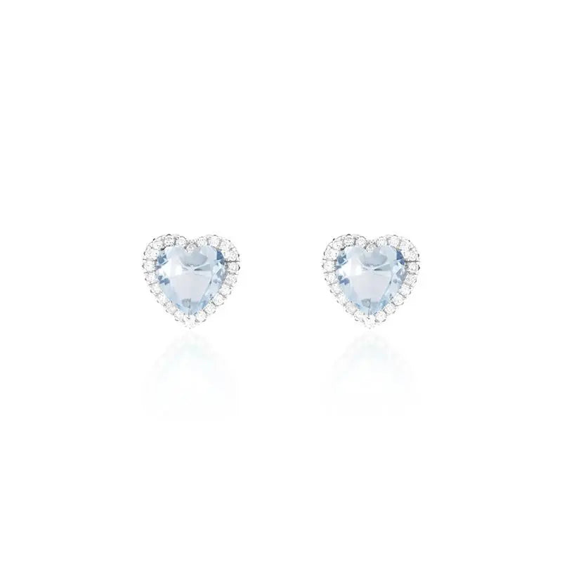 HEART EARRING 07 MM WITH ROUND SETTING IN RHODIUM/AQUAMARINE/WHITE ZIRCONIA