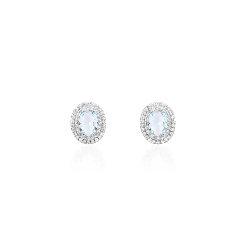 5 MM OVAL EARRING, TWO ROWS, STUDDED AROUND, RHODIUM/AQUAMARINE/WHITE ZIRCONIA