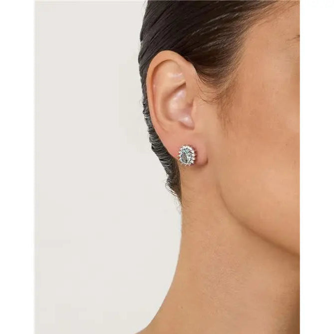 08 MM OVAL EARRING WITH PRINCESS SETTING AROUND RHODIUM/AQUAMARINE/WHITE ZIRCONIA