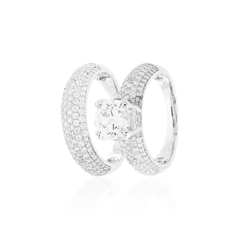 PAIR OF STUDDED RINGS, ONE 8 MM SOLITAIRE AND A WEDDING RING (BOTH WITH HALF SETTING) RHODIUM/CRYSTAL/WHITE ZIRCONIA