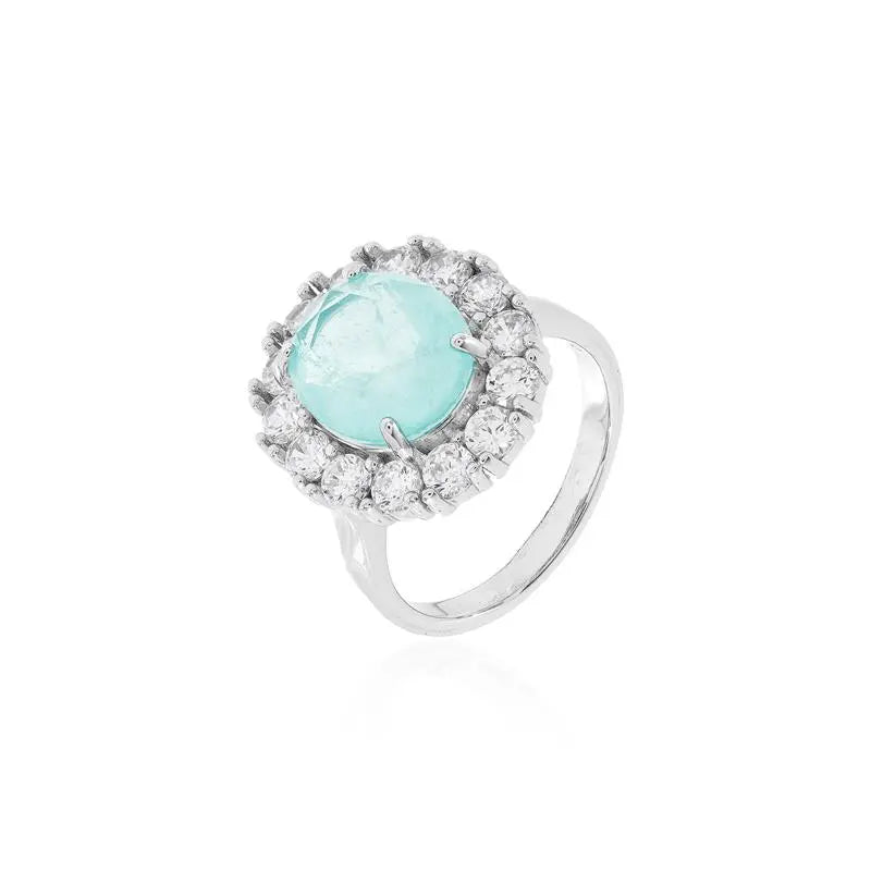 10 MM OVAL RING WITH ROUND SETTING, POINTS OF LIGHT, FOUR CLAWS, RHODIUM/COLUMBIAN/WHITE ZIRCONIA