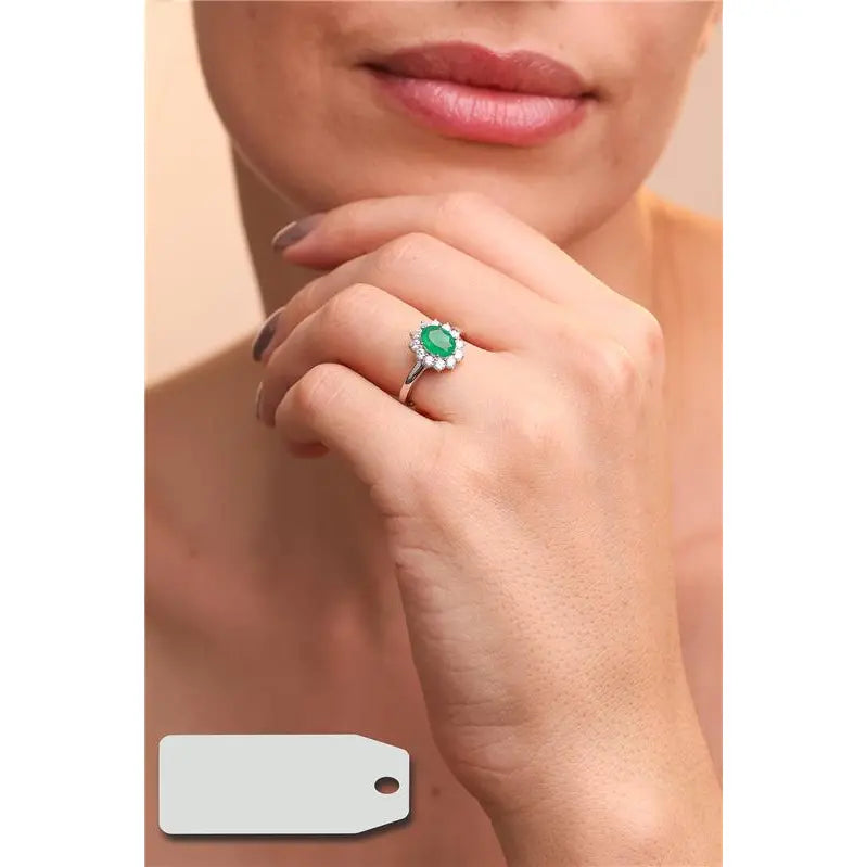 RING OVAL STONE 8X6 PRINCESS SETTING AROUND RHODIUM/EMERALD FUSION/WHITE ZIRCONIA