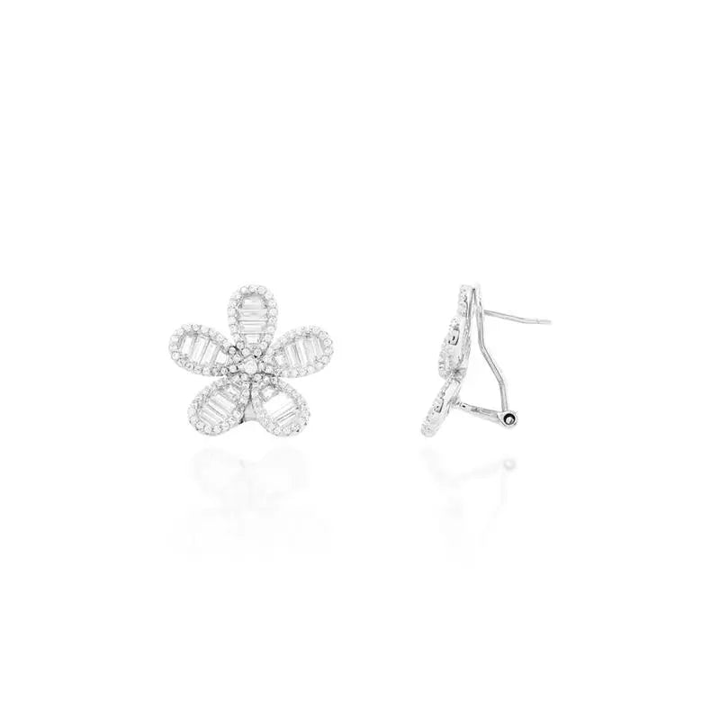 FLOWER EARRING FIVE PETALS BAGUETTES SETTING AROUND CORE POINT OF LIGHT 1 MM - M RHODIUM/WITHOUT STONE/WHITE ZIRCONIA