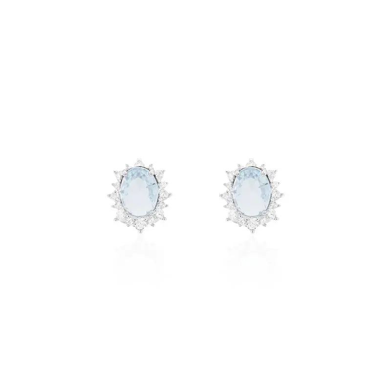 5 MM OVAL EARRING WITH PRINCESS SETTING AROUND RHODIUM/AQUAMARINE/WHITE ZIRCONIA