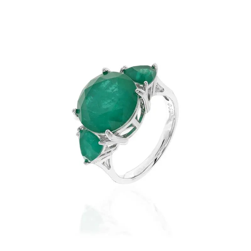 RING WITH POINTS OF LIGHT 12 MM CENTRAL WITH 6 MM TRAIN ON EACH SIDE RHODIUM/EMERALD FUSION/SMOOTH