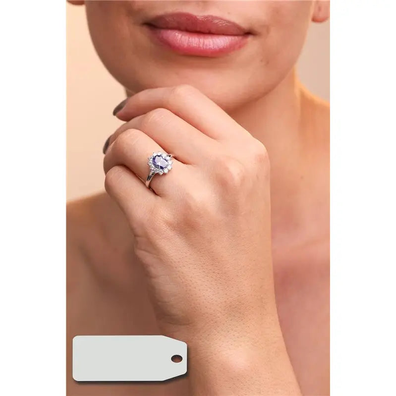 RING OVAL STONE 8X6 PRINCESS SETTING AROUND RHODIUM/TANZANITE/WHITE ZIRCONIA