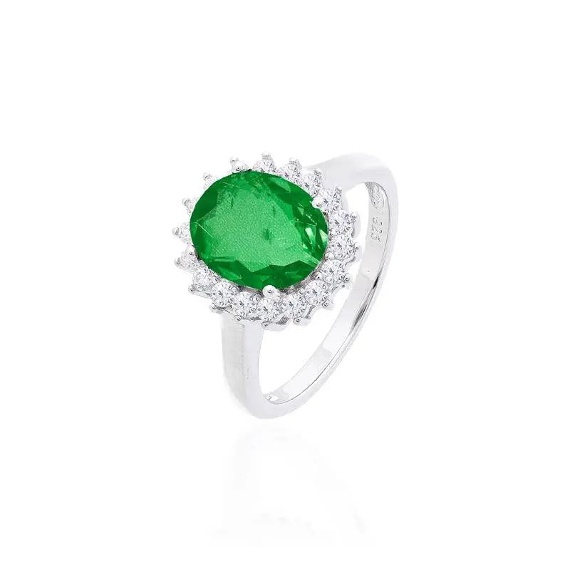 8 MM OVAL SMOOTH RING WITH PRINCESS SETTING AROUND RHODIUM/FUSION EMERALD/WHITE ZIRCONIA