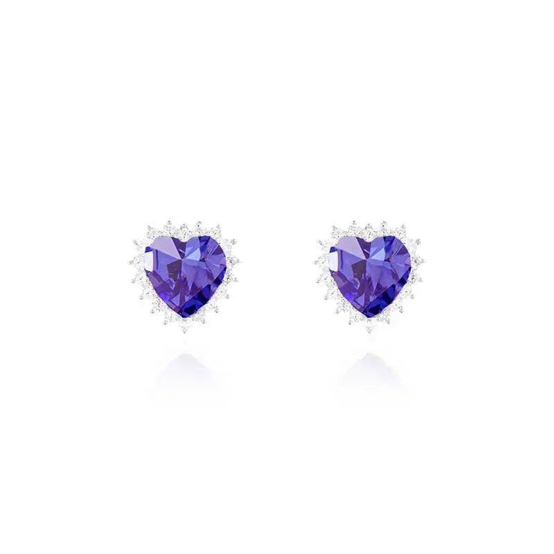 HEART EARRING 10 MM PRINCESS SETTING AROUND RHODIUM/TANZANITE/WHITE ZIRCONIA