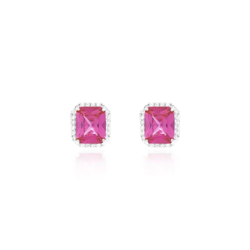 8 MM RECTANGULAR EARRING WITH ROUND SETTING IN RHODIUM/PINK SAPPHIRE/WHITE ZIRCONIA
