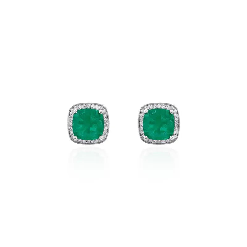 OVAL RECTANGLE EARRING WITH ROUND SETTING IN RHODIUM/FUSION EMERALD/WHITE ZIRCONIA