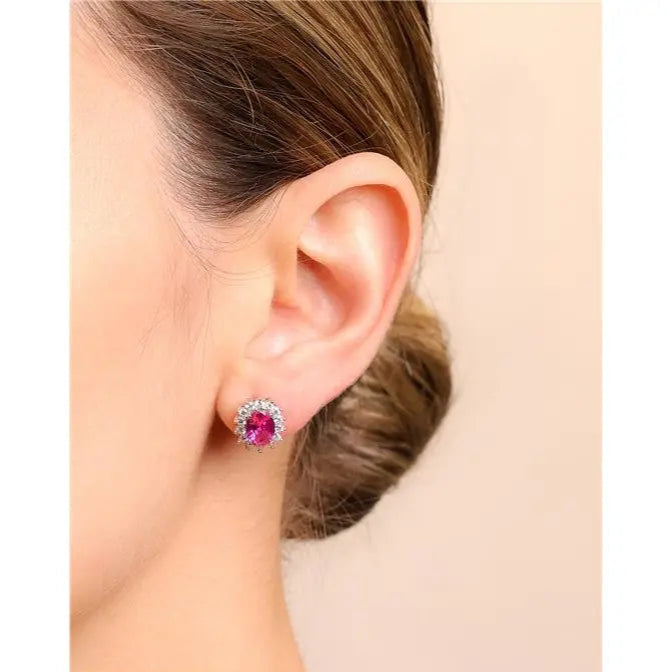 08 MM OVAL EARRING WITH PRINCESS SETTING AROUND RHODIUM/PINK SAPPHIRE/WHITE ZIRCONIA