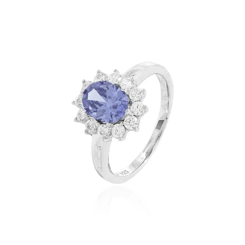 RING OVAL STONE 8X6 PRINCESS SETTING AROUND RHODIUM/TANZANITE/WHITE ZIRCONIA