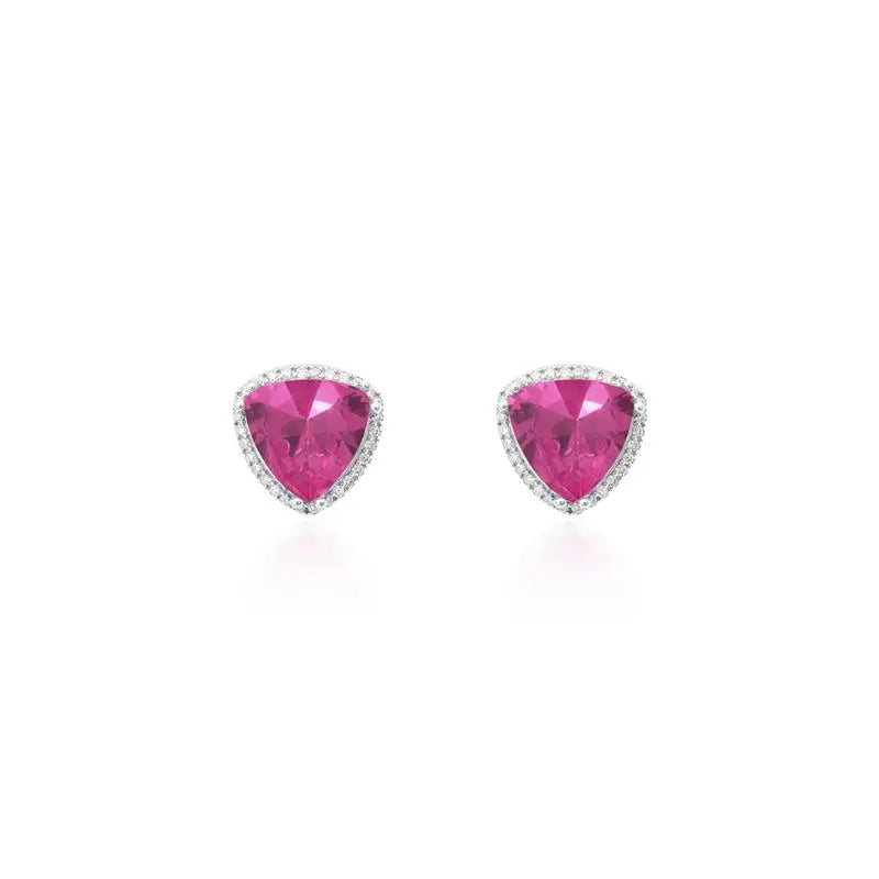10 MM TRIANGLE EARRING WITH RHODIUM/PINK SAPPHIRE/WHITE ZIRCONIA SETTING AROUND