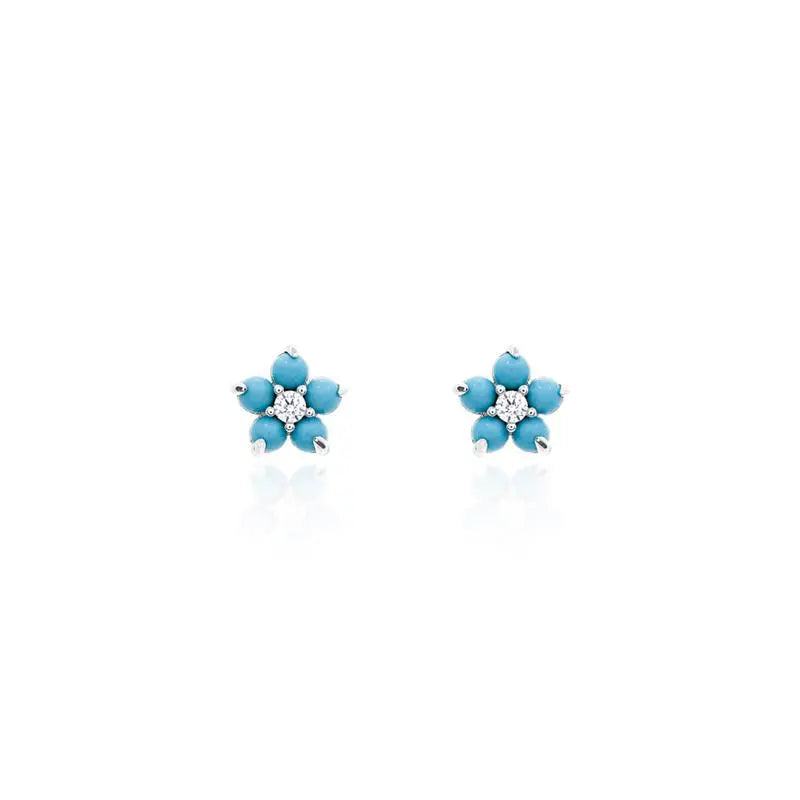 FIVE ROUND PETAL FLOWER EARRINGS RHODIUM/TURQUOISE/WHITE ZIRCONIA