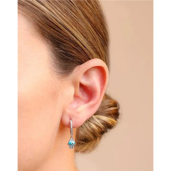 STUDDED ONE ROW RING WITH HANSA STUDDED HANGING RHODIUM/ESM TURQUOISE/WHITE ZIRCONIA