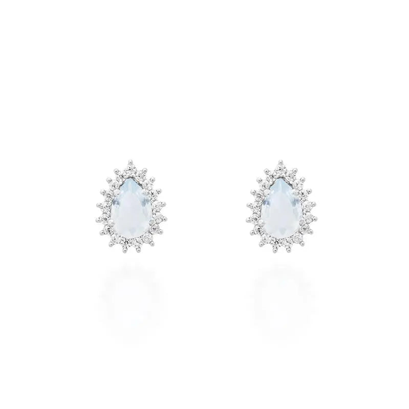 4X6 DROP SHAPED EARRING WITH PRINCESS SETTING AROUND RHODIUM/AQUAMARINE/WHITE ZIRCONIA