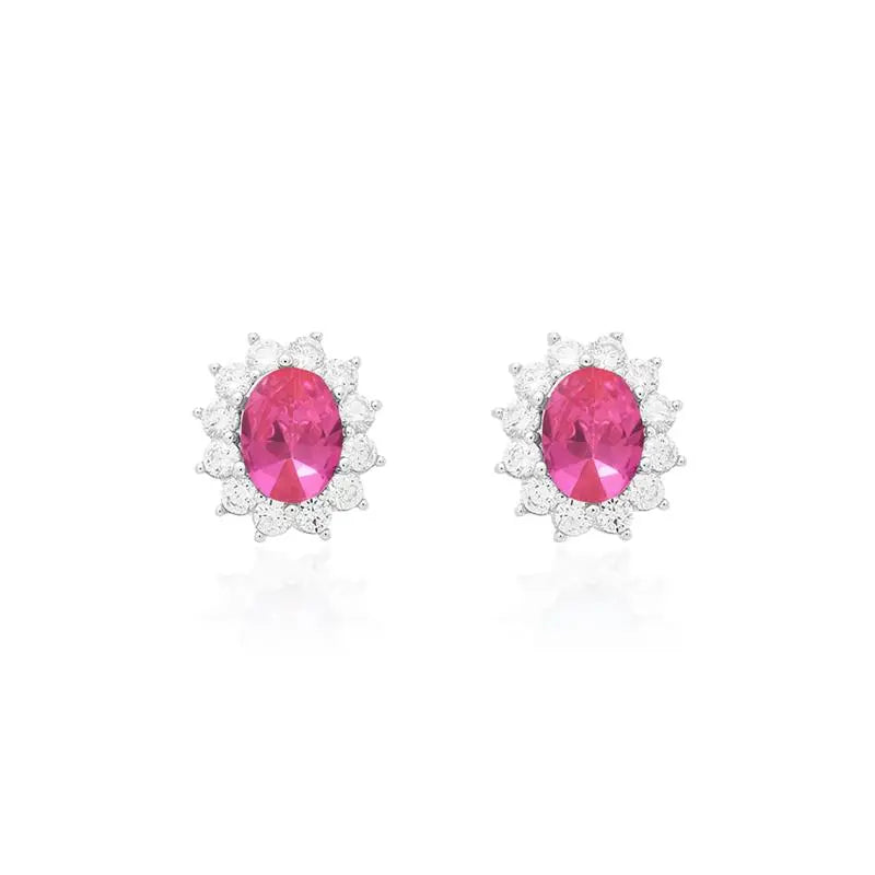 6MM OVAL STONE EARRING SIX CLAWS PRINCESS SETTING AROUND 2.5 MM RHODIUM/PINK SAPPHIRE/WHITE ZIRCONIA