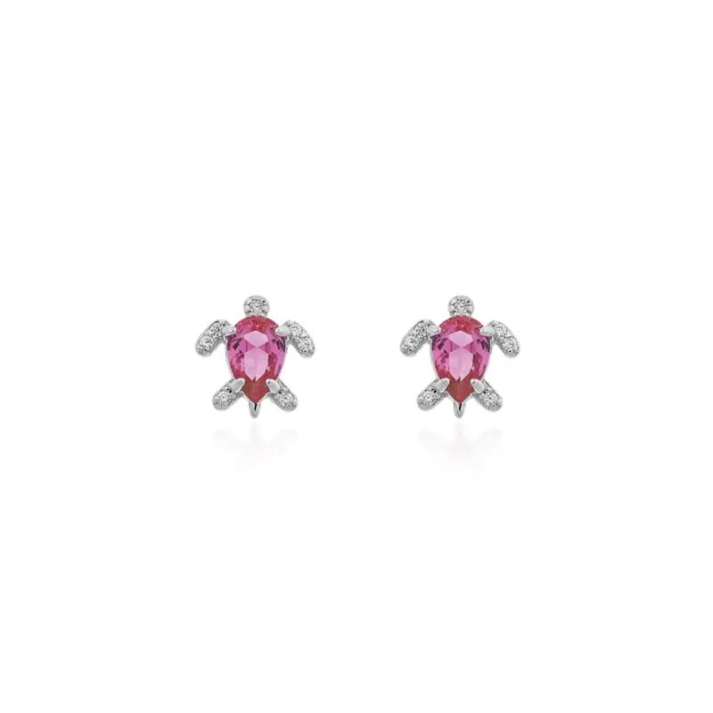 4 MM DROP EARRING WITH TURTLE SHAPE SETTINGS RHODIUM/PINK SAPPHIRE/WHITE ZIRCONIA