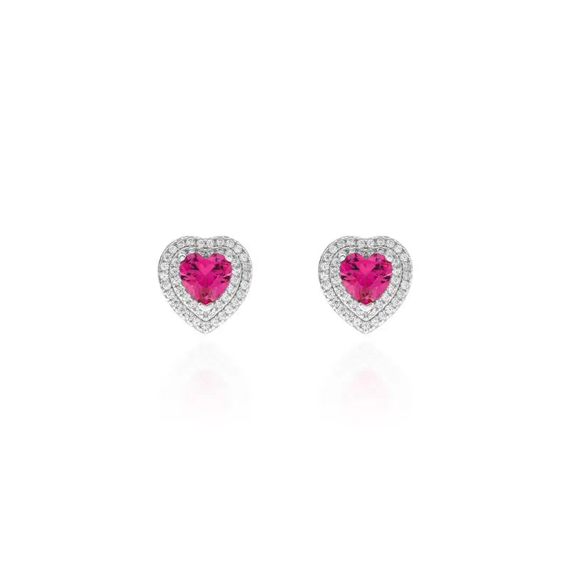 HEART EARRING 6 MM TWO ROWS STUDDED AROUND RHODIUM/PINK SAPPHIRE/WHITE ZIRCONIA