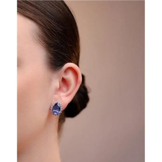 10 MM DROP EARRING WITH PRINCESS SETTING AROUND RHODIUM/TANZANITE/WHITE ZIRCONIA