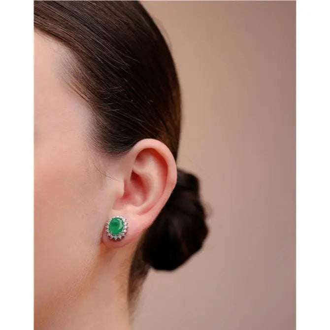 08 MM OVAL EARRING WITH PRINCESS SETTING AROUND RHODIUM/EMERALD FUSION/WHITE ZIRCONIA