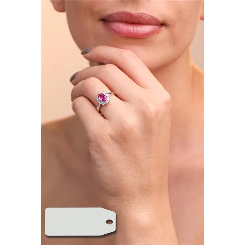 RING OVAL STONE 8X6 PRINCESS SETTING AROUND RHODIUM/PINK SAPPHIRE/WHITE ZIRCONIA