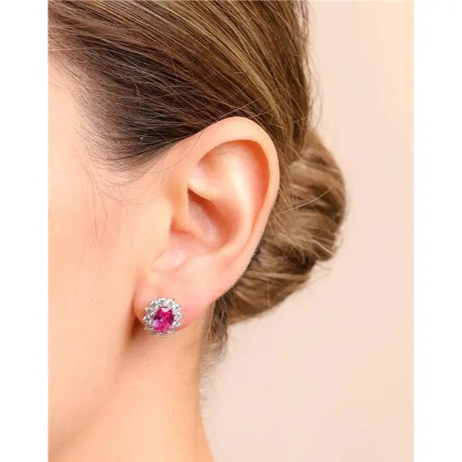 6MM OVAL STONE EARRING SIX CLAWS PRINCESS SETTING AROUND 2.5 MM RHODIUM/PINK SAPPHIRE/WHITE ZIRCONIA