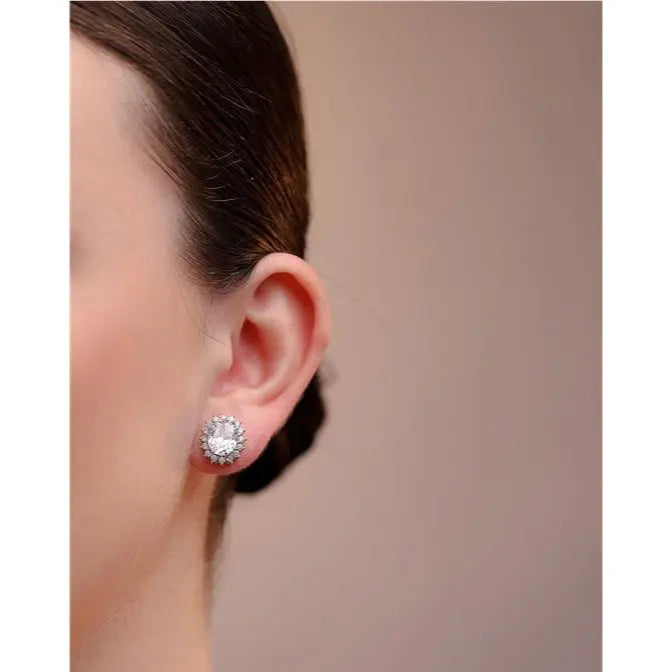 08 MM OVAL EARRING WITH PRINCESS SETTING AROUND RHODIUM/CRYSTAL/WHITE ZIRCONIA