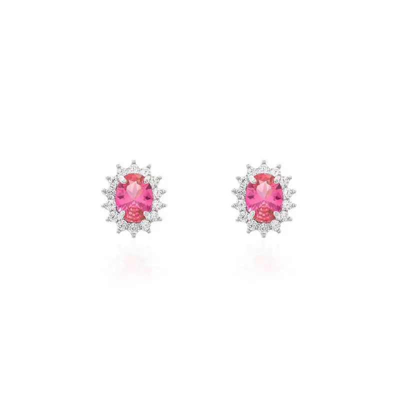 08 MM OVAL EARRING WITH PRINCESS SETTING AROUND RHODIUM/PINK SAPPHIRE/WHITE ZIRCONIA