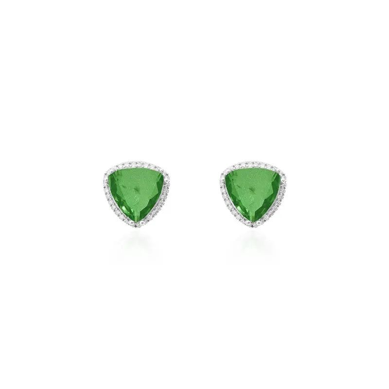 10 MM TRIANGLE EARRING WITH ROUND SETTING IN RHODIUM/FUSION EMERALD/WHITE ZIRCONIA