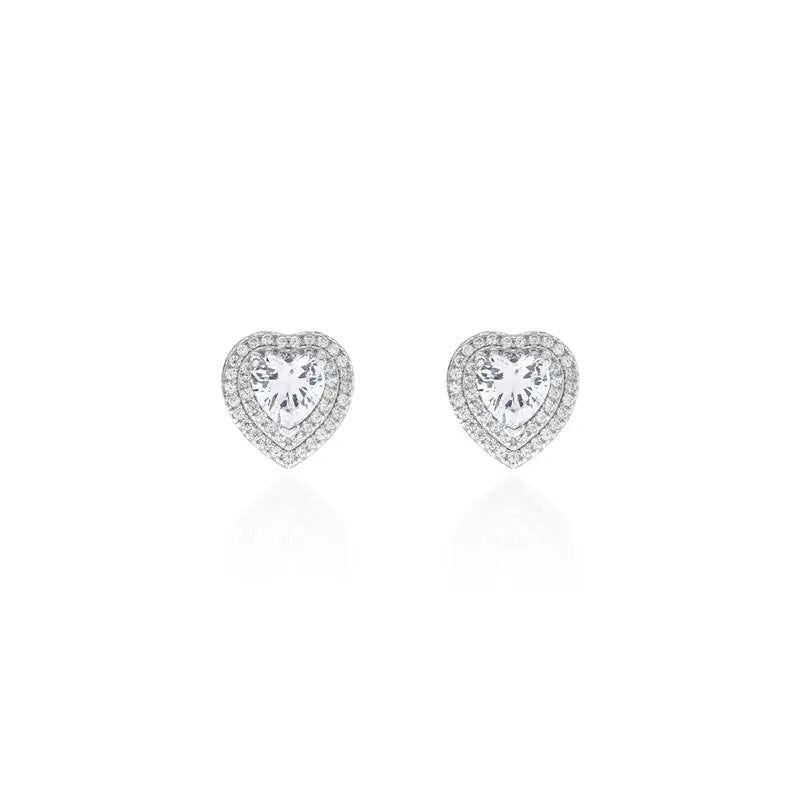 HEART EARRING 6 MM TWO ROWS STUDDED AROUND RHODIUM/CRYSTAL/WHITE ZIRCONIA