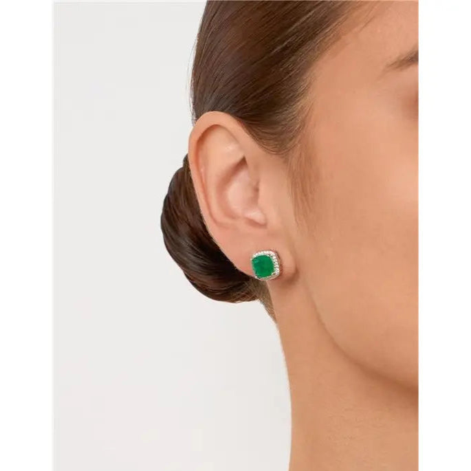 OVAL RECTANGLE EARRING WITH ROUND SETTING IN RHODIUM/FUSION EMERALD/WHITE ZIRCONIA