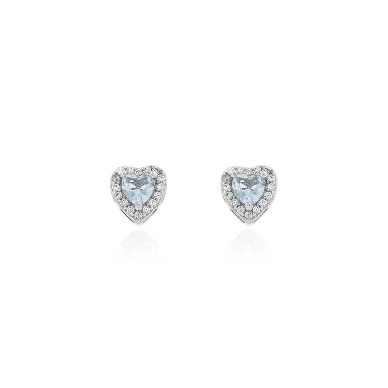 4 MM HEART EARRING WITH ROUND SETTING IN RHODIUM/AQUAMARINE/WHITE ZIRCONIA