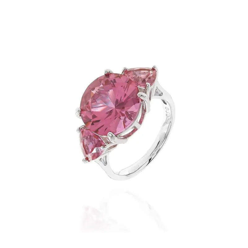 RING WITH POINTS OF LIGHT 12 MM CENTRAL WITH 6 MM TRAININGULES ON EACH SIDE RHODIUM/PINK SAPPHIRE/SMOOTH
