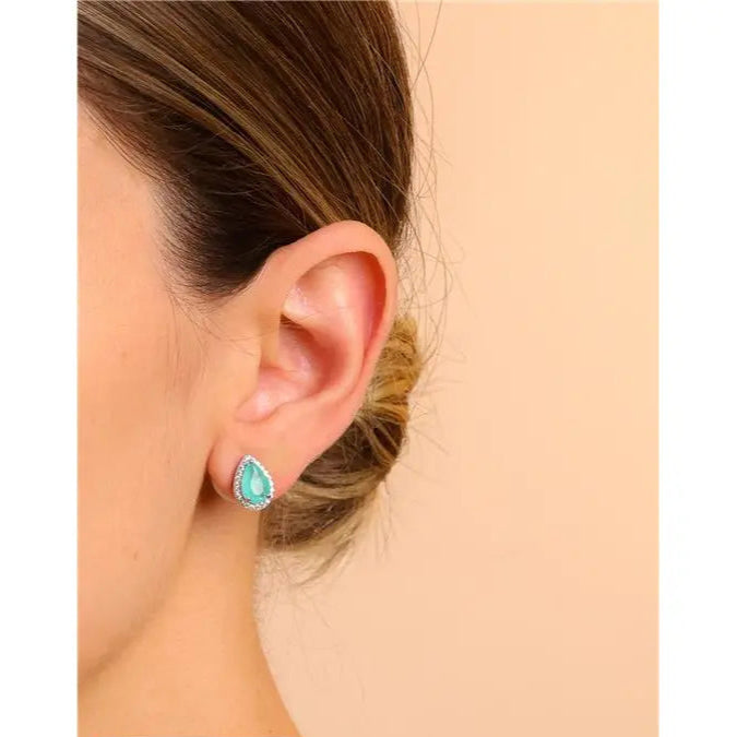 6 MM DROP EARRING WITH RHODIUM/COLOMBIAN/WHITE ZIRCONIA SETTING AROUND