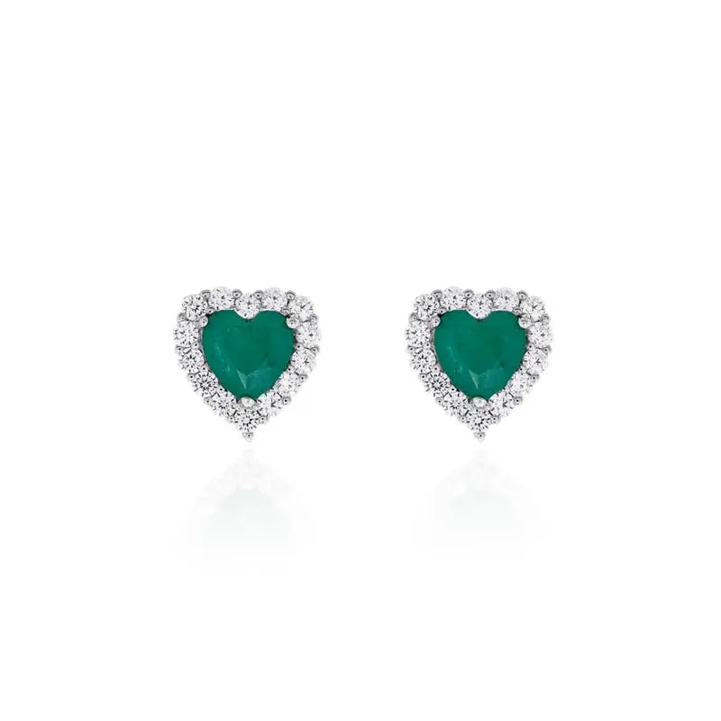 HEART EARRING WITH ROUND SETTING IN RHODIUM/EMERALD FUSION/WHITE ZIRCONIA