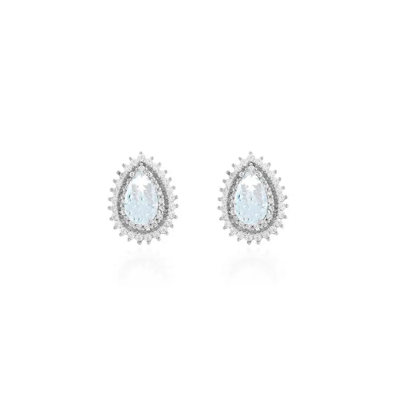5 MM HOLLOW DROP EARRING TWO ROWS PRINCESS SETTING AROUND RHODIUM/AQUAMARINE/WHITE ZIRCONIA