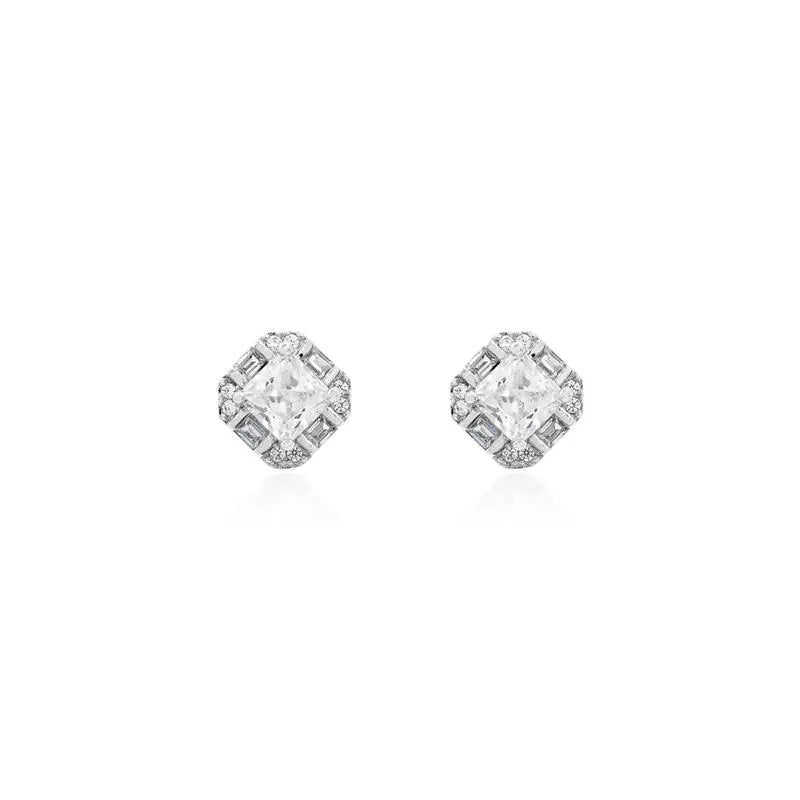 5 MM SQUARE POINT OF LIGHT EARRING, BAGUETTE AND STUDDED AROUND, RHODIUM/CRYSTAL/WHITE ZIRCONIA